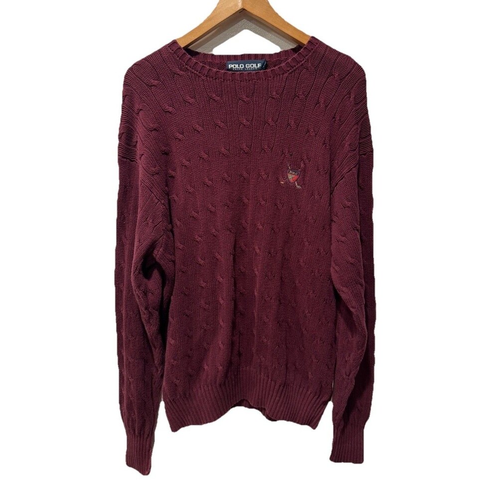 Vintage Polo Golf Ralph Lauren Cable Knit Sweater Maroon Crossed Golf Crest Sz L